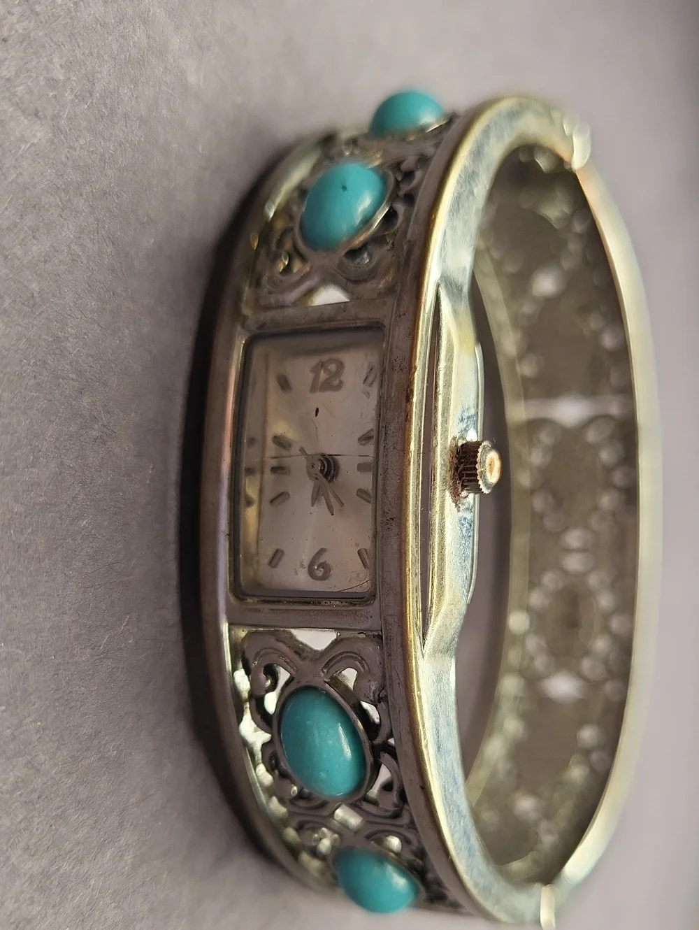 Turquoise Stone Silver-Tone Cuff Watch Bracelet